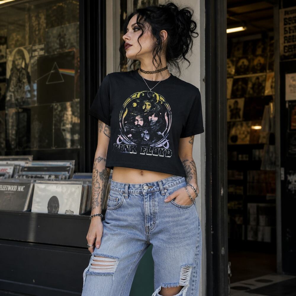 Pink Floyd Crop Top Women L Black Graphic Band Tee Short Sleeve